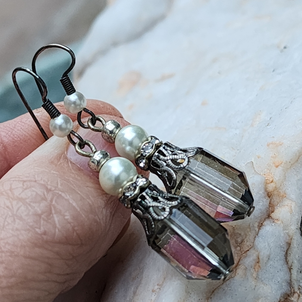 ❤️ Silver Crystals Faux Pearls Earrings Sparkling Boho Jewelry Holiday Gift